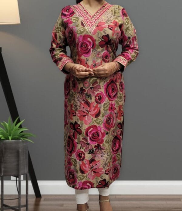 Embroidered V-Neck Kurta for Women in Modal Muslin