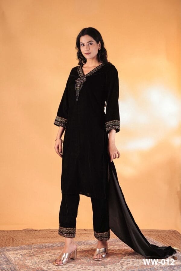 Velvet V-Neck Suit Set with Handwork Detailing