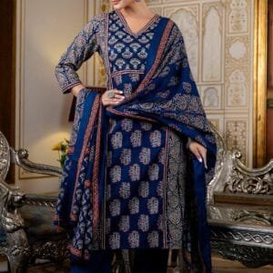 Ajrakh Cotton Suit Set with Sequins & Panel Design - Blue, 42