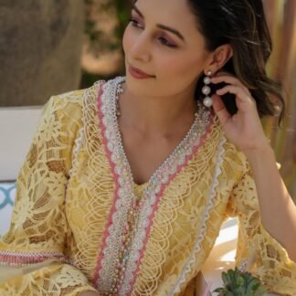 Net Embroidered Fusion Wear Suit with Potli