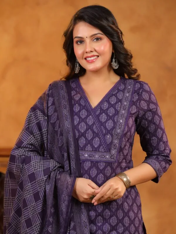 Angrakha Style Cotton 3PC Set with Mirror & Sequins Work