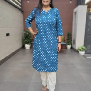 This pure cotton kurta is a timeless blend of comfort and craftsmanship. Designed with delicate Adda work, it showcases a traditional yet contemporary aesthetic, making it perfect for casual outings, festive occasions, or office wear. The breathable fabric ensures all-day comfort, while the detailed embroidery adds an elegant touch. Whether paired with palazzos, leggings, or straight pants, this kurta effortlessly enhances your look with its versatile styling options. Available in sizes 38 to 46, this classic piece is a must-have for those who appreciate artisanal craftsmanship and everyday elegance. Note: Dry Wash recommended to maintain the fabric’s texture and intricate details.