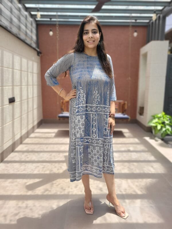 Block Print Rayon Middy Gown with Bobbin Lacing