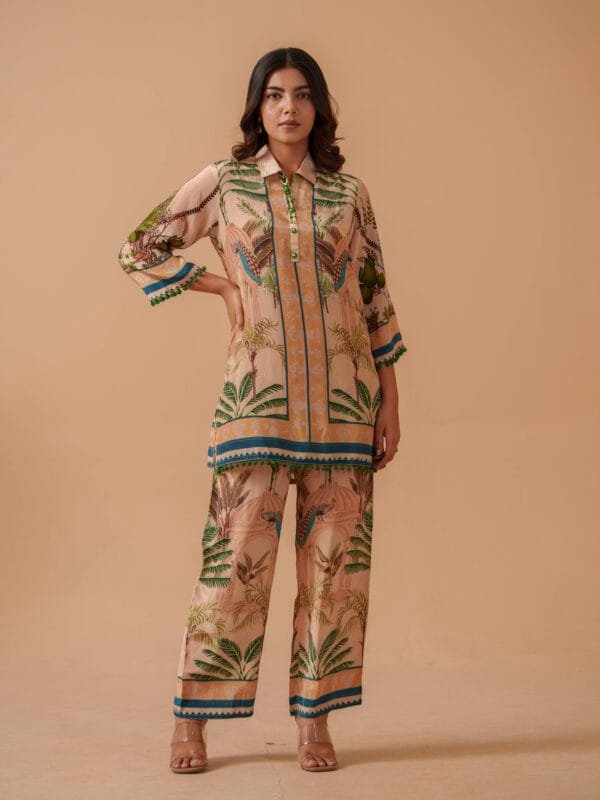 Natural Crepe Co-Ord Set with Pompom Detailing