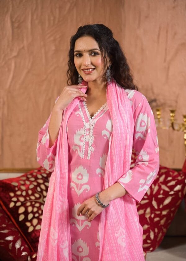 Pure Cotton Ikkat 3PC Set with Crochet Lace