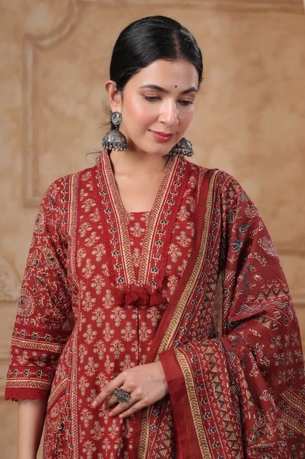 Ajrakh Cotton 3PC Set with V-Neck & A-Line Kurta