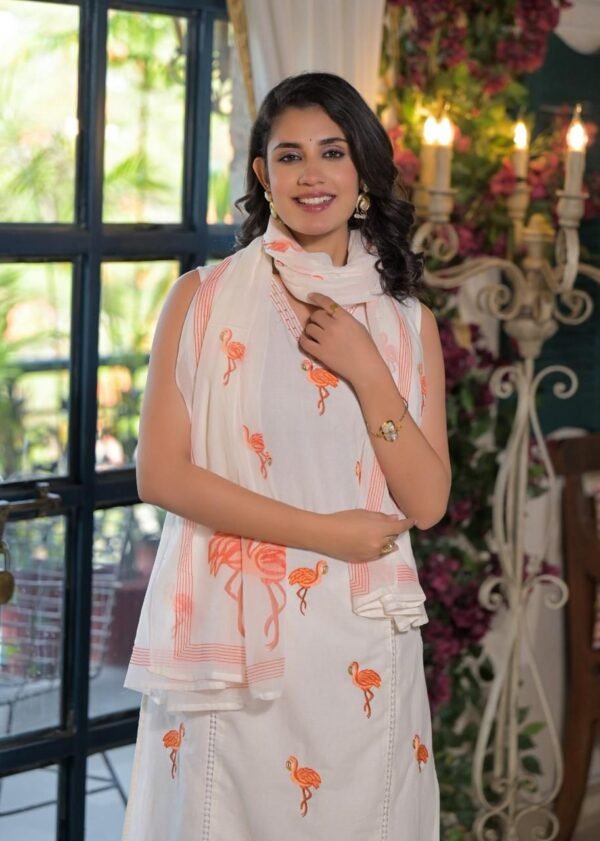 Flamingo-Themed Cotton 3PC Set with Embroidery & Crochet Lace