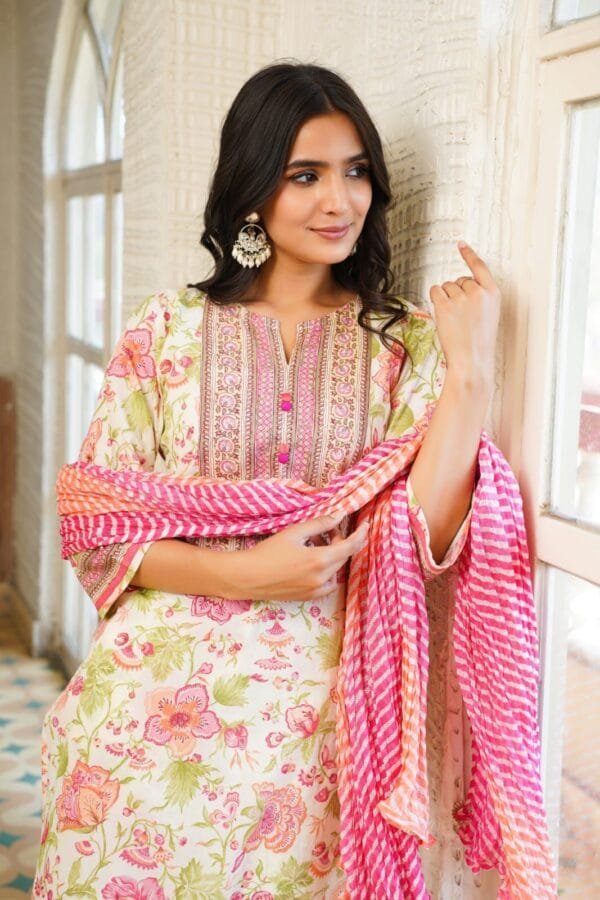 Pure Cotton Leheriya 3PC Set with Sequins Work & Kota Dupatta