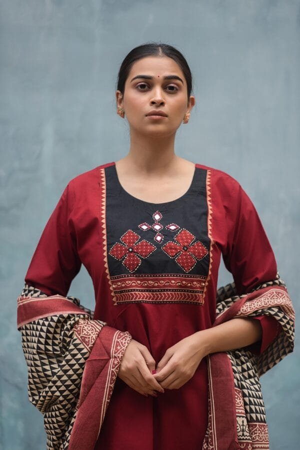Cotton Suit with Kantha Mirror and Applique Work