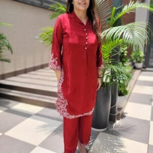 Embroidered Natural Crepe Co-ord Set for Women