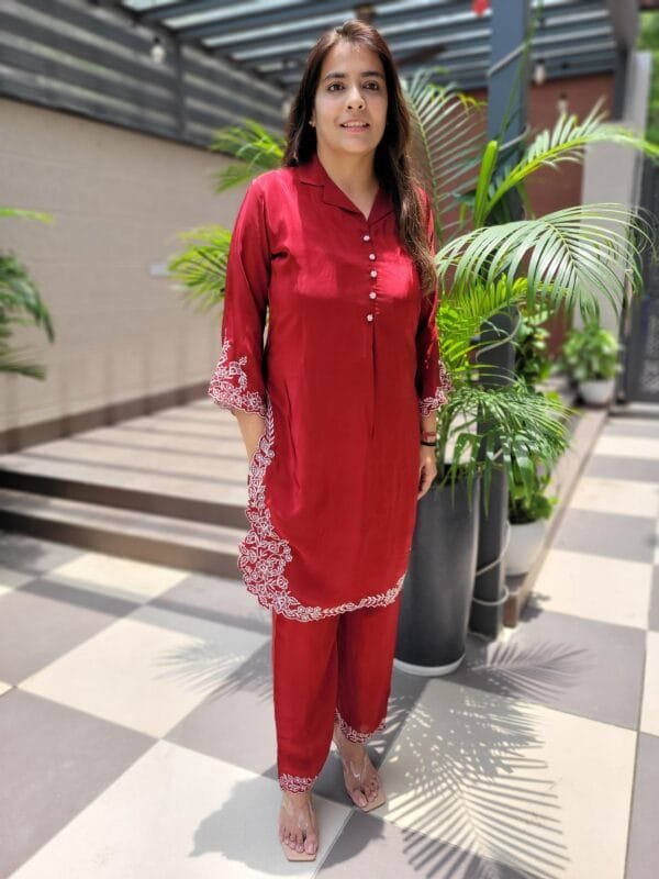 Embroidered Natural Crepe Co-ord Set for Women