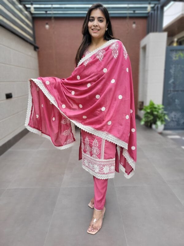 Chikankari 3PC Mal Chanderi Set with Crochet Lace Work