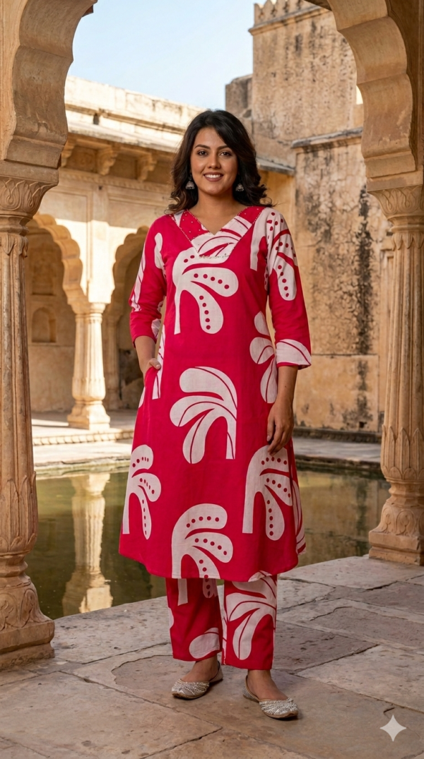 A-line cotton 2-piece ethnic set for women