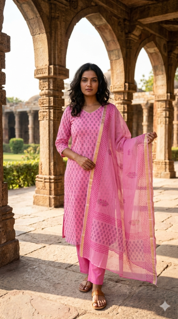 Kota Doriya 3PC Suit with Handblock Print and Lace Detailing