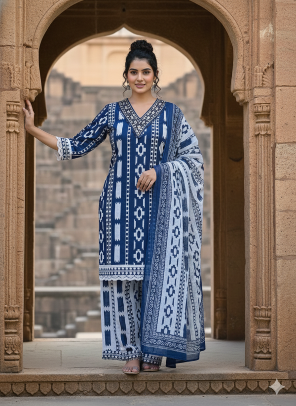 Ikkat 3PC Set with Short Kurta and Wide Palazzo