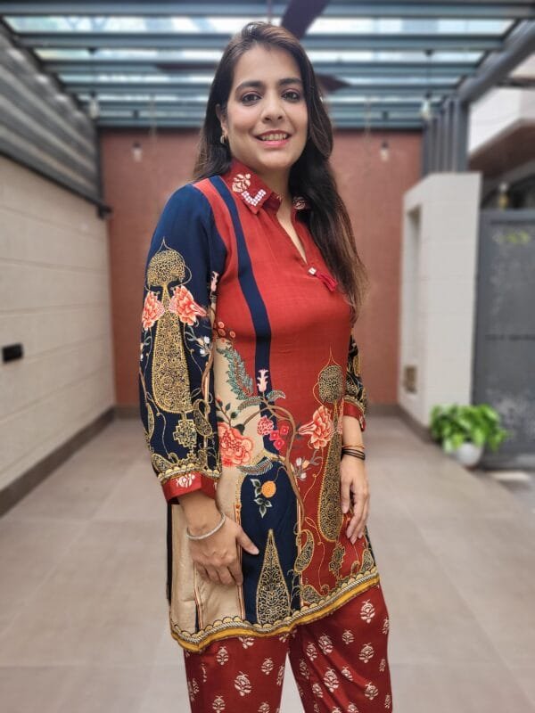 Natural Crepe Co-Ord Set with Handworked Collar