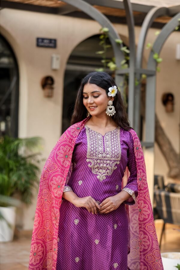Partywear Chinon Suit with Bandhej Dupatta