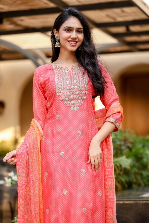 Chinon Suit with Bandhej Dupatta