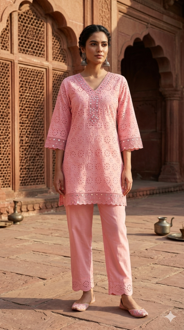 Elegant Chikankari Co-ord Set with Original Mirror Work