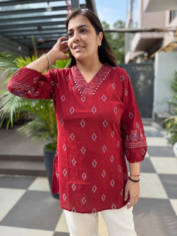 Cotton Ikkat Tunic with Mirror Work