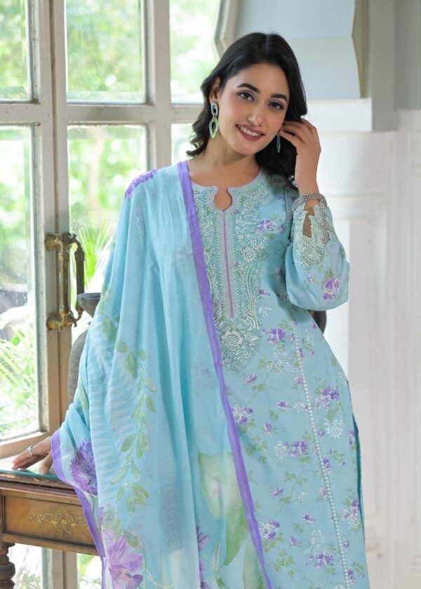 Cotton Embroidered 3PC Set with Digital Print & Crochet Lace