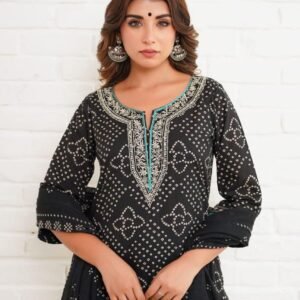 Black Bandhej Cotton Suit Set with Zari Embroidery & Dupatta – 3PC Ethnic Wear