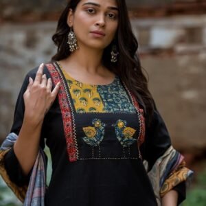 Designer Cotton 3PC Suit with Applique Mirror Detailing & Digital Ajrakh Dupatta - Black, 42