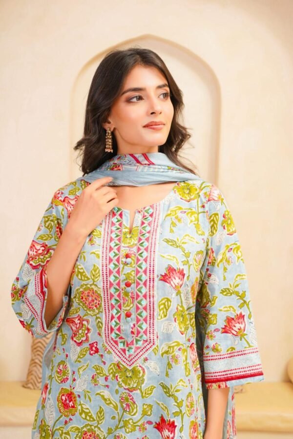 Pure Cotton 3Pc Suit Set with Stylish Embroidered Kurta
