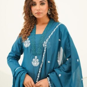 Embroidered Cotton 3PC Suit Set with Crochet Lace Detailing