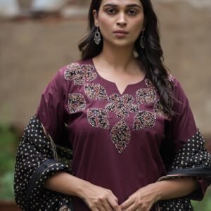 Cotton 3PC Set with Original Kalamkari Appliqué & Threadwork - Wine, 44