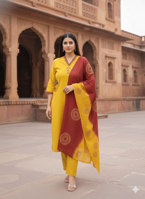 Stylish Applique Work 3PC Cotton Suit Set with Mirror Work