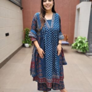 Ajrakh Cotton 3PC Set with Pintucks & Wide Divider Bottom - Blue, 46