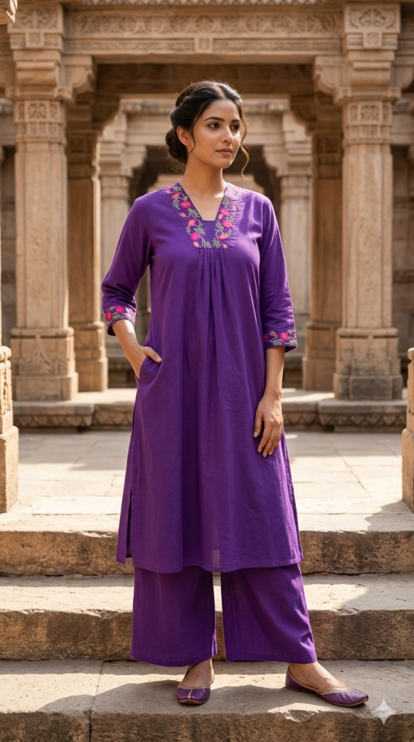 Stylish Cotton 2PC Set with Embroidered Kurta & Wide Palazzo
