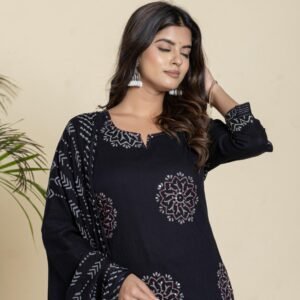 Handblock 3PC Cotton Set with Sequins Detailing - Grey, 46