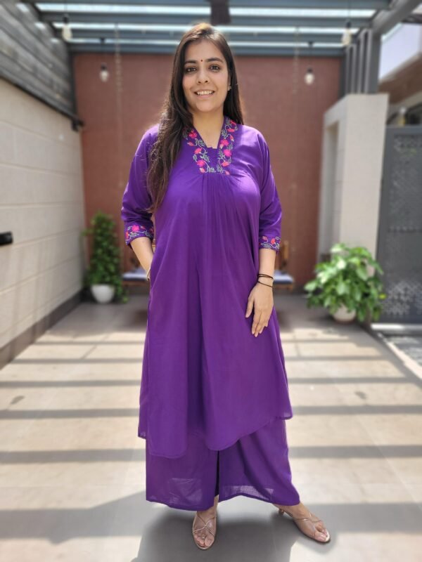 Stylish Cotton 2PC Set with Embroidered Kurta & Wide Palazzo