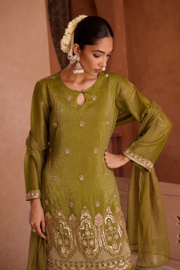 Tissue Crush Divider Suit Set with Short Kurta & Heavy Bead Work