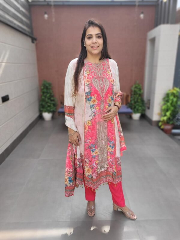 A-Line Crepe 3PC Suit Set with Zari Coding & Mirror Work