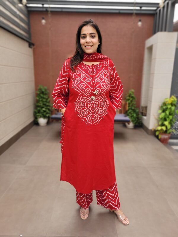 Cotton Bandhej 3PC Suit Set with Mirror Work & Tassel Detailing