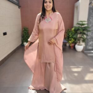 Short Kurta 3PC Partywear Set in Tissue Shimmer with Skirt-Style Divider Bottom