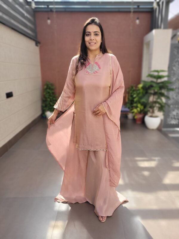 Short Kurta 3PC Partywear Set in Tissue Shimmer with Skirt-Style Divider Bottom