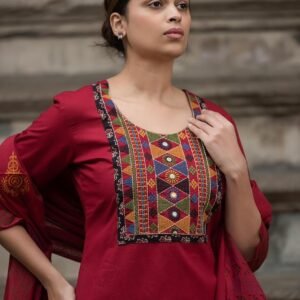 Cotton 3PC Suit Set with Embroidered Yoke