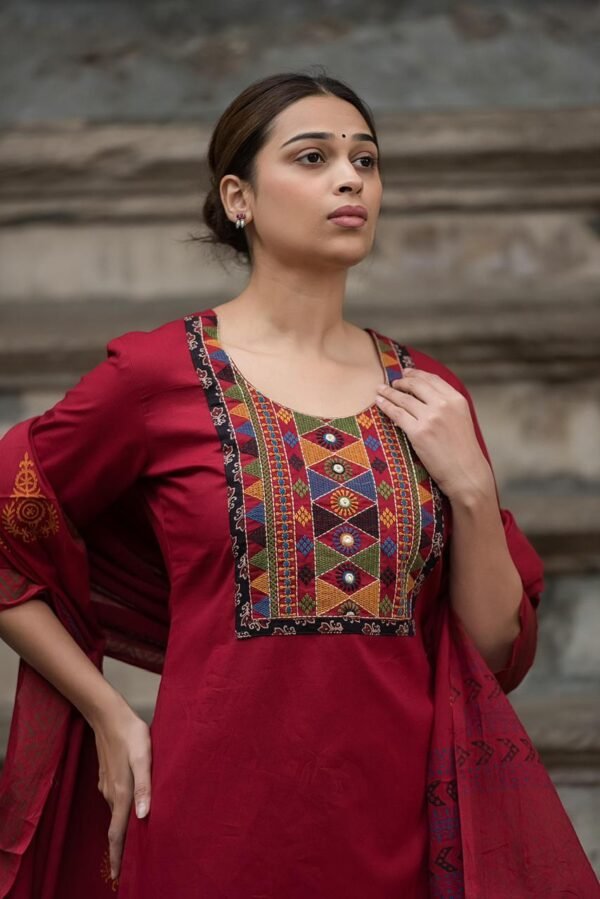 Cotton 3PC Suit Set with Embroidered Yoke