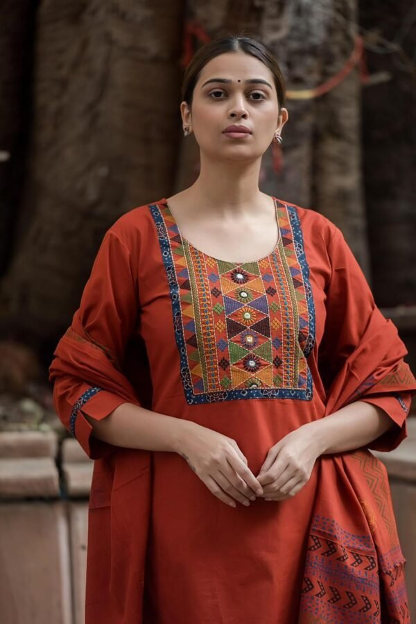 Cotton 3PC Suit Set with Embroidered Yoke