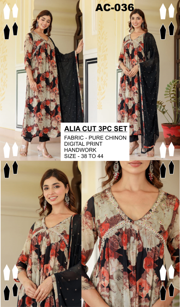 Alia Cut 3PC Set in Pure Chinon with Digital Print & Handwork