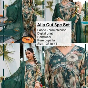 Alia Cut Pure Chinon 3PC Set with Digital Print & Handwork