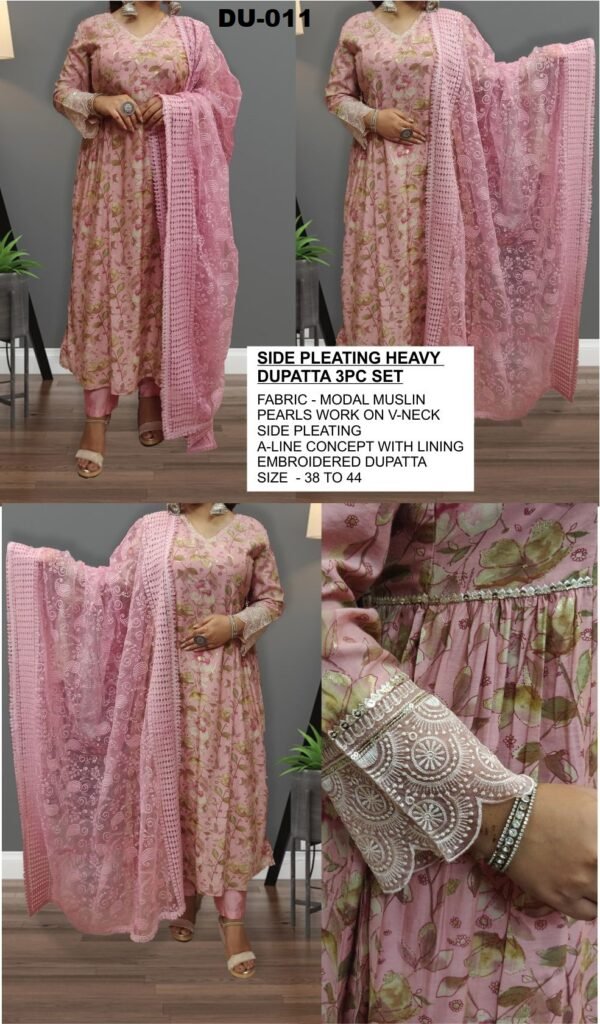 Side Pleating A-Line Modal Muslin 3PC Set with Pearl Work