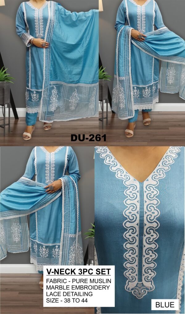 V-Neck Pure Muslin 3PC Set with Marble Embroidery & Lace Detailing