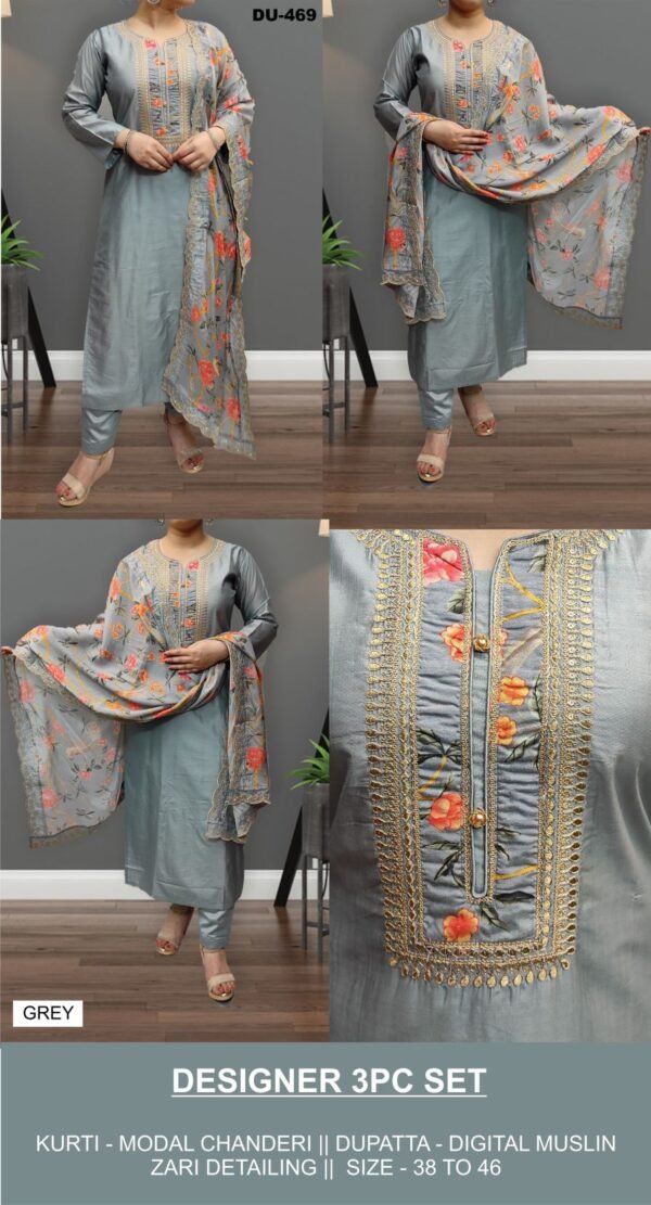 Designer Modal Chanderi 3PC Set with Digital Muslin Dupatta