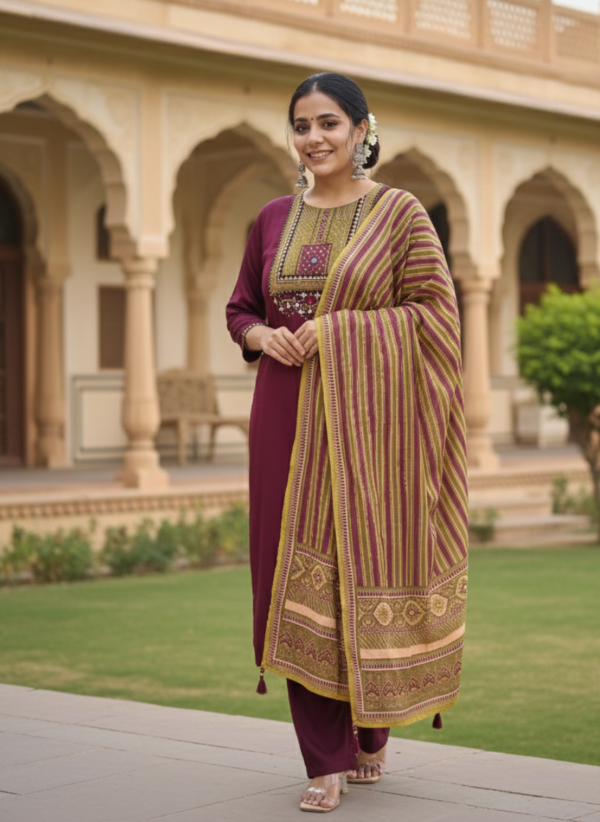 Gajji Silk Ajrakh Patch Suit Set with Handwork & Embroidery