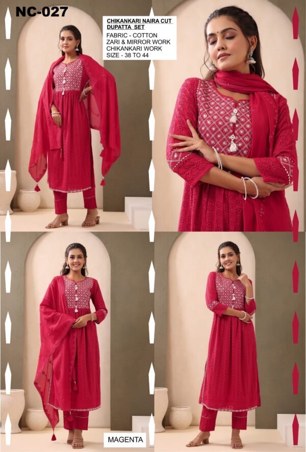 Chikankari Naira Cut Cotton Dupatta Set with Zari & Mirror Work